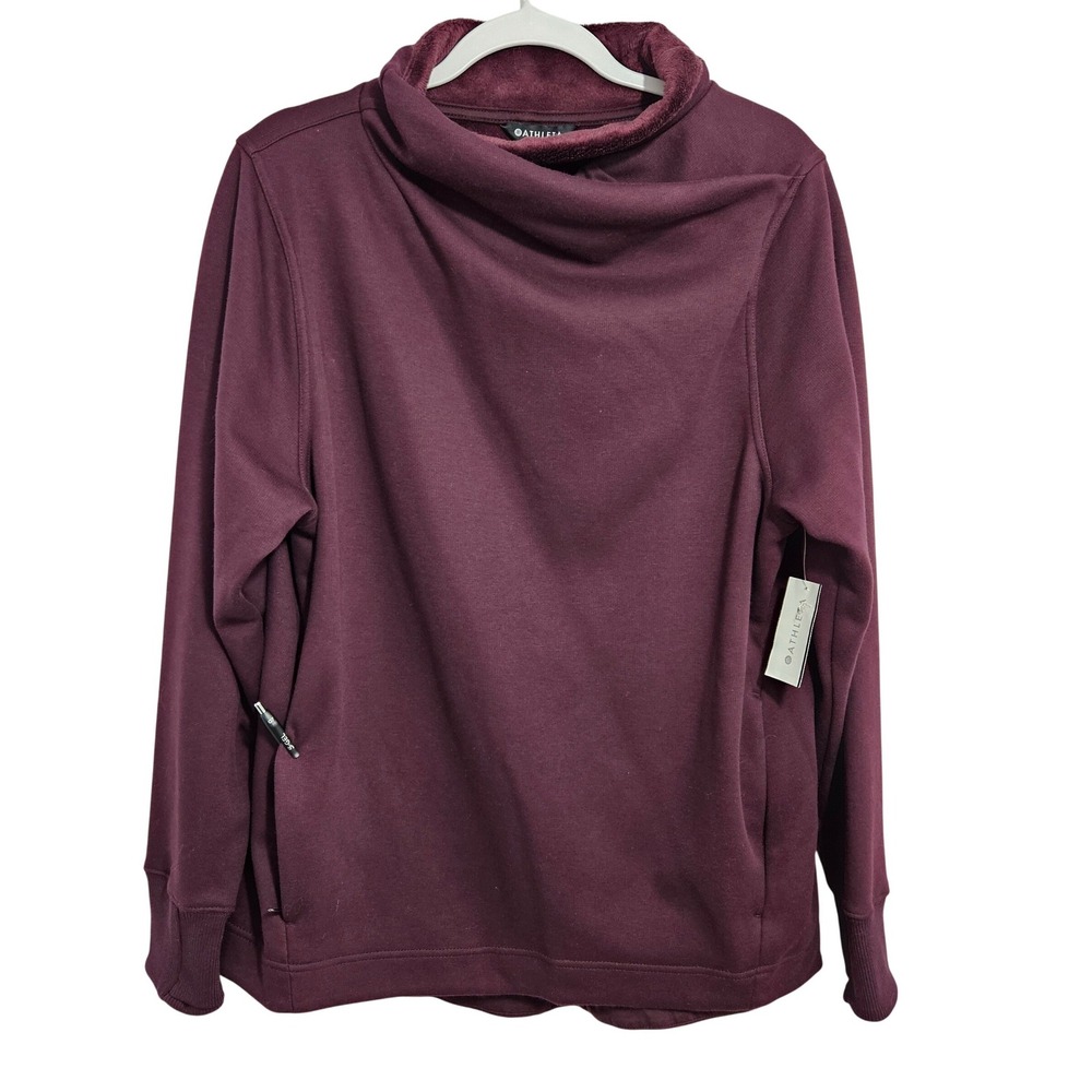 Athleta NWT Cozy Karma Asym Pullover Sweatshirt Burgundy Faux Fur Collar L $109